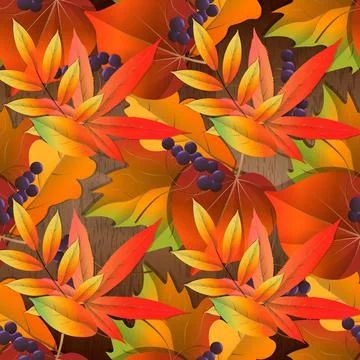 Vector seamless pattern on wooden board with red and yellow autumn leaves. Stock-Illustration