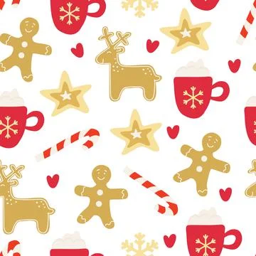 Vector seamless pattern with Xmas gingerbread, mugs and candy cane on white Illustrazione stock