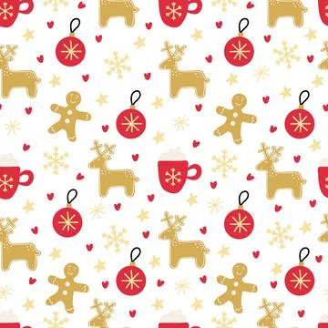 Vector seamless pattern with Xmas gingerbread, Christmas balls and snowflakes Stock Illustration