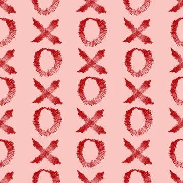 Vector seamless pattern with XOXO. Hipster symbols of hugs and kisses. on pink Stock Illustration