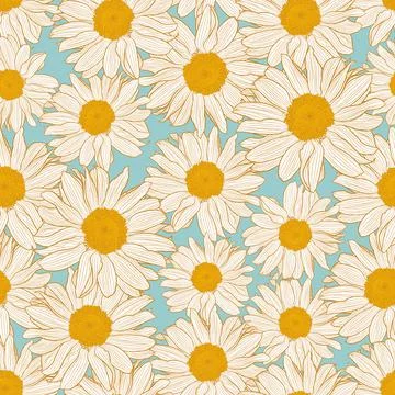Vector seamless pattern of yellow and white chamomile flowers on light turquoise Stock Illustration