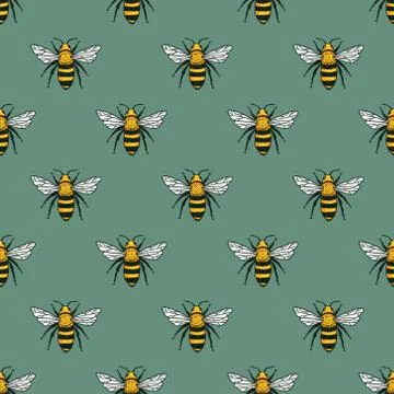Vector seamless pattern with yellow bees. Handdrawn design. Stock Illustration