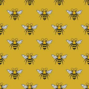Vector seamless pattern with yellow bees. Handdrawn design. Stock Illustration