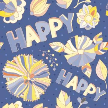 Vector seamless pattern with yellow flowers and the inscription happy on a blue Stock Illustration