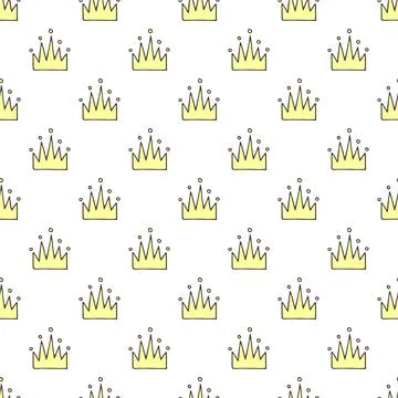 Vector seamless pattern with yellow hand drawn crown on white background Stock Illustration