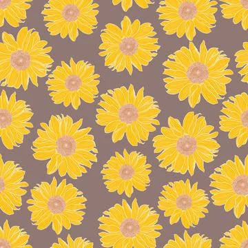 Vector seamless pattern of yellow sunflowers with white outline on taupe Illustrazione stock
