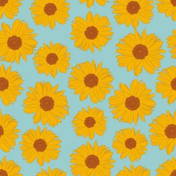 Vector seamless pattern of yellow sunflowers on light turquoise background Stock Illustration