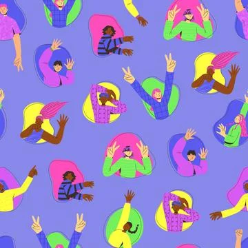 Vector seamless pattern with young peoples in trendy colorful flat style. I.. Stock Illustration