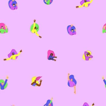 Vector seamless pattern with young peoples and colorful spots. Flat style. .. Stock Illustration