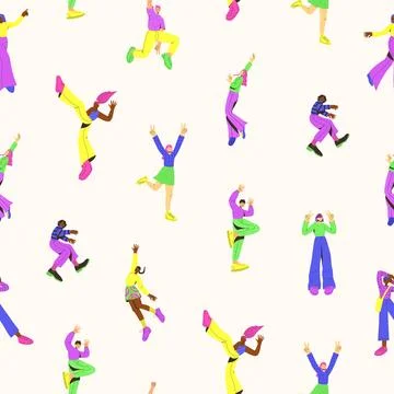 Vector seamless pattern with young peoples in trendy colors on the white back Stock Illustration