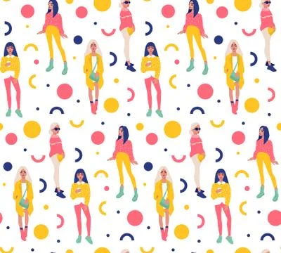 Vector seamless pattern with young women in modern style. Young People Stock Illustration