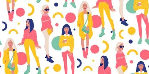 Vector seamless pattern with young women in modern style. Young People Stock Illustration