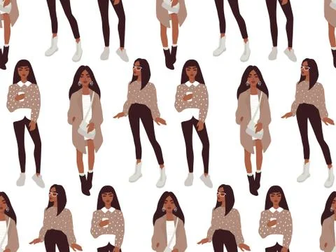 Vector seamless pattern with young women in modern style. Young People Stock Illustration