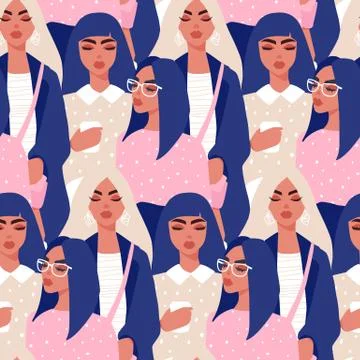 Vector seamless pattern with young women in modern style. Young People Stock Illustration