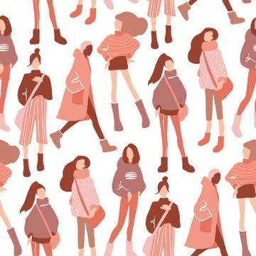 Vector seamless pattern with young women in modern style. Young People Stock Illustration