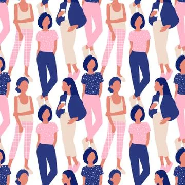 Vector seamless pattern with young women in modern style. Young People Stock Illustration