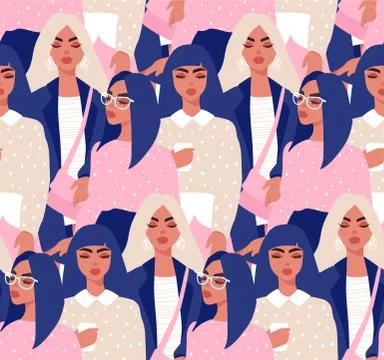 Vector seamless pattern with young women in modern style. Young People Stock Illustration