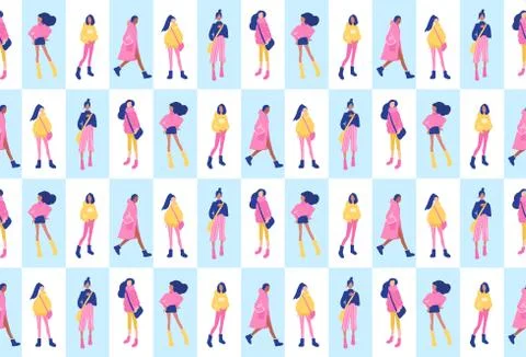 Vector seamless pattern with young women in modern style. Young People Stock Illustration