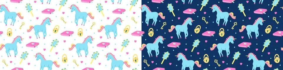 Vector seamless patterns with blue unicorns on white and deep blue. Stock Illustration