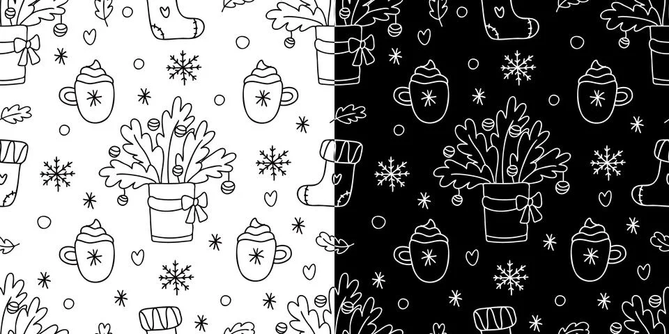 Vector seamless patterns with Christmas plant, mugs, socks on white and black Stock Illustration