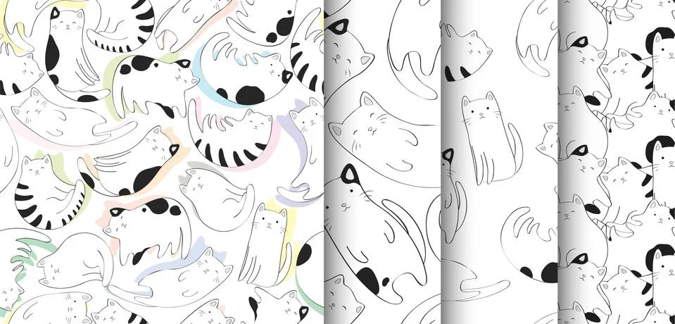 Vector seamless patterns collection with black and white hand drawn cute cats Stockillustratie