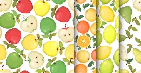 Vector seamless patterns collection of cartoon colorful fruits apples, pears, Stock Illustration