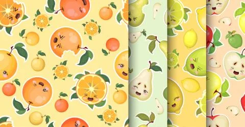 Vector seamless patterns collection of cute cartoon colorful fruits apples, p Stock Illustration