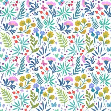Vector seamless patterns with cute beautiful flowers, butterflies and leaves in Stockillustratie