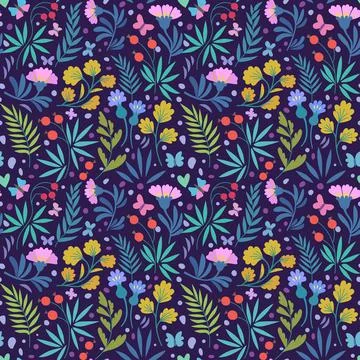 Vector seamless patterns with cute beautiful flowers, butterflies and leaves in Stock Illustration