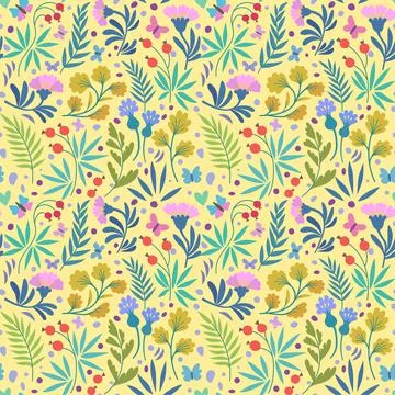 Vector seamless patterns with cute beautiful flowers, butterflies and leaves in Illustrazione stock