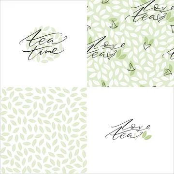 Vector seamless patterns with green leaves and tea theme calligraphy cards se Stock Illustration