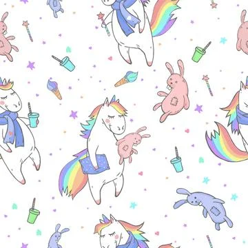 Vector seamless patterns with hand drawn cute unicorns, ice cream, coffee and Illustrazione stock