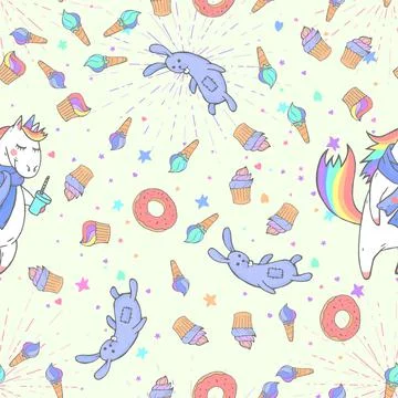 Vector seamless patterns with hand drawn cute unicorns, sweets, coffee and to Stockillustratie