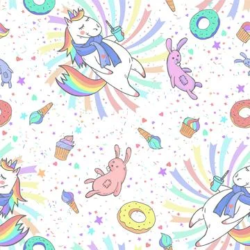 Vector seamless patterns with hand drawn cute unicorns, sweet, coffee and toy Stock Illustration