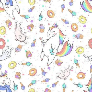 Vector seamless patterns with hand drawn cute unicorns, magic wand, sweets an Illustrazione stock
