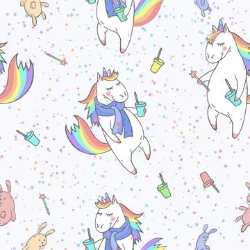 Vector seamless patterns with hand drawn cute unicorns, stars, coffee and mag イラスト素材