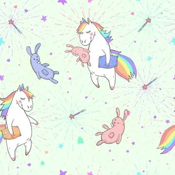 Vector seamless patterns with hand drawn cute unicorns, magic wand, coffee an Stockillustratie