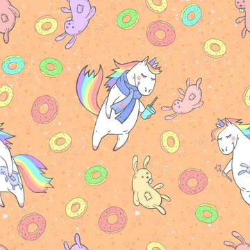 Vector seamless patterns with hand drawn cute unicorns,  donuts, coffee and b Stock Illustration