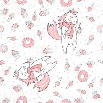 Vector seamless patterns with hand drawn cute unicorns, sweets, coffee and bu Illustrazione stock
