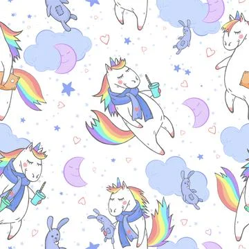 Vector seamless patterns with hand drawn cute unicorns, cloud, moon and rabbi 스톡 일러스트