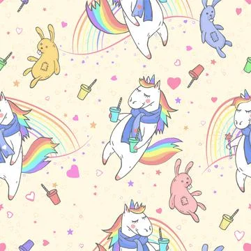Vector seamless patterns with hand drawn cute unicorns, rabbit, hearts, coffe Stock Illustration