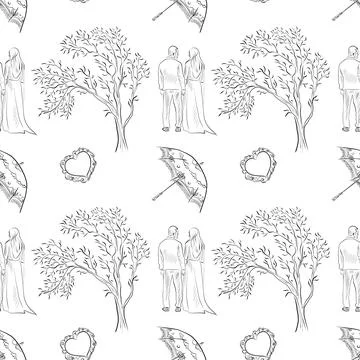 Vector seamless patterns of line art elements on the theme of wedding Stock Illustration