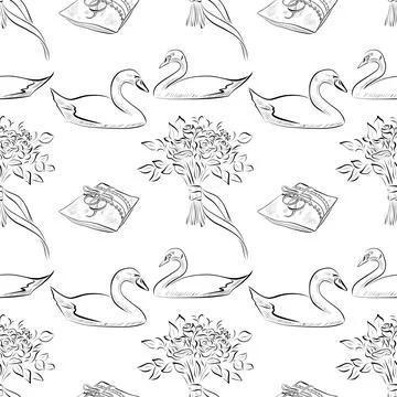 Vector seamless patterns of line art elements on the theme of wedding Stock Illustration