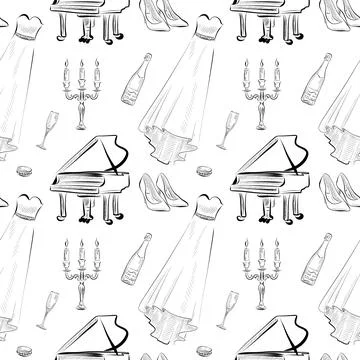 Vector seamless patterns of line art elements on the theme of wedding Illustrazione stock