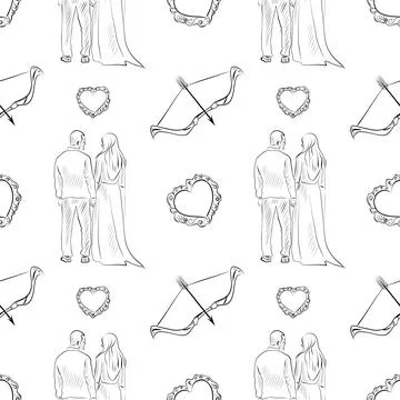 Vector seamless patterns of line art elements on the theme of wedding Stock Illustration