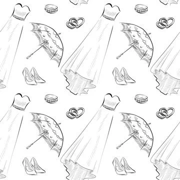 Vector seamless patterns of line art elements on the theme of wedding Stock Illustration