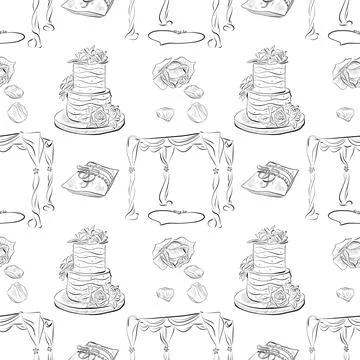 Vector seamless patterns of line art elements on the theme of wedding Stock Illustration