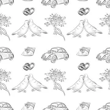 Vector seamless patterns of line art elements on the theme of wedding Stock Illustration