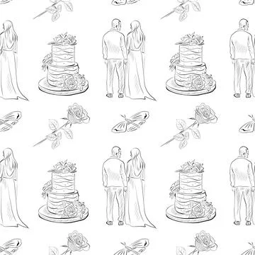 Vector seamless patterns of line art elements on the theme of wedding 스톡 일러스트