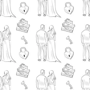 Vector seamless patterns of line art elements on the theme of wedding Stock Illustration
